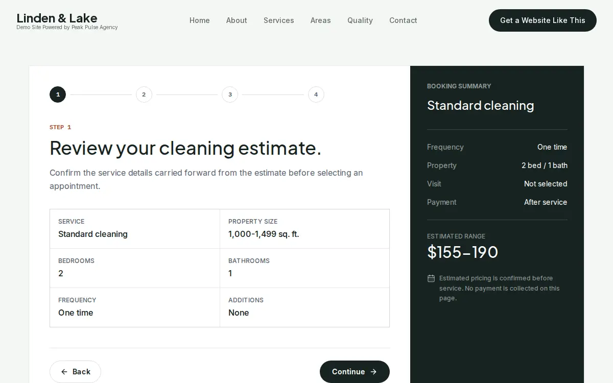 Linden and Lake Cleaning estimate and booking workflow