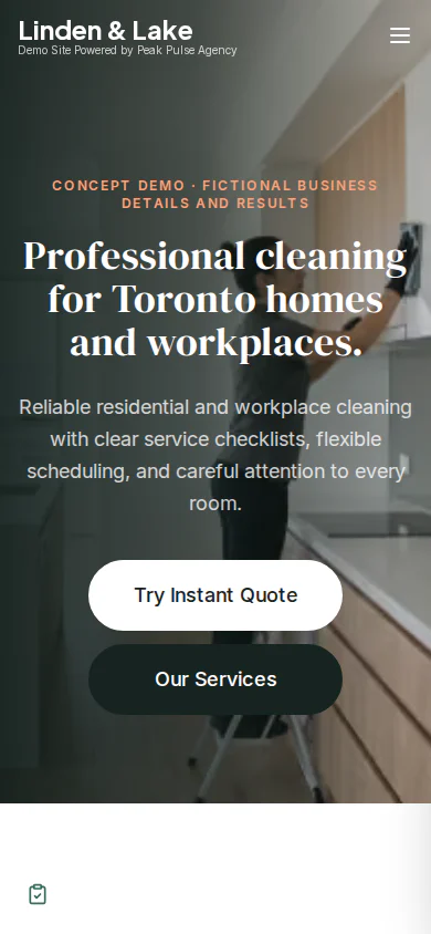 Linden and Lake Cleaning concept website shown on mobile