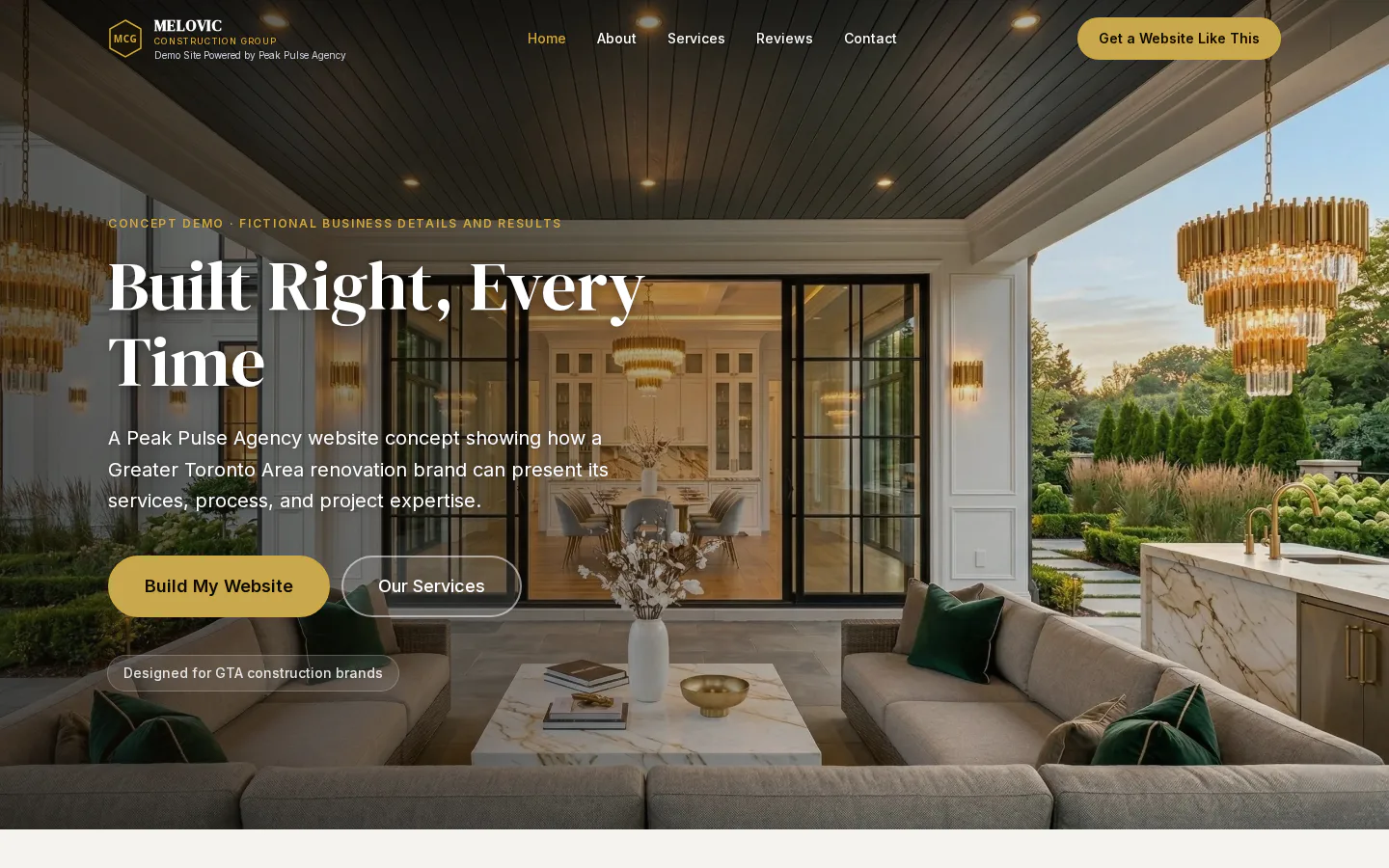 Melovic Construction Group concept website shown on desktop