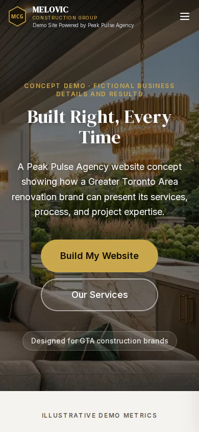 Melovic Construction Group concept website shown on mobile